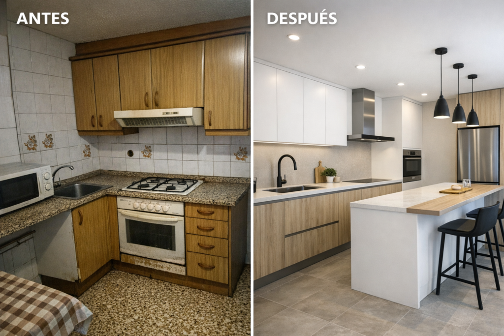 Antes y después de reforma de cocina en Manresa