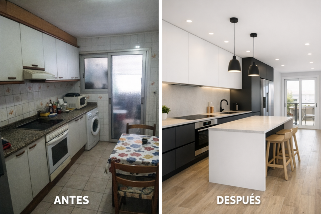 Antes y después de reforma de cocina en Badalona